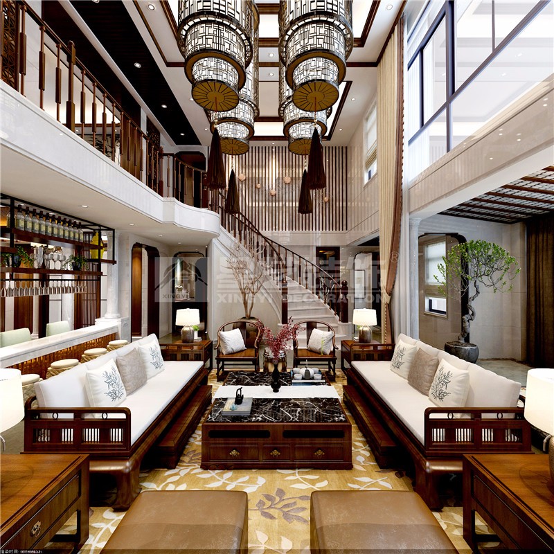 港龍小區(qū)300平新中式客廳裝修設(shè)計效果圖