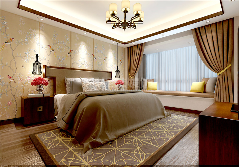 港龍小區(qū)300平新中式臥室裝修設(shè)計效果圖