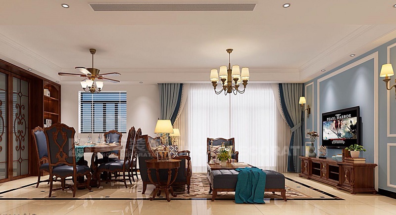 霖峰壹號120平美式風格客廳裝修效果圖