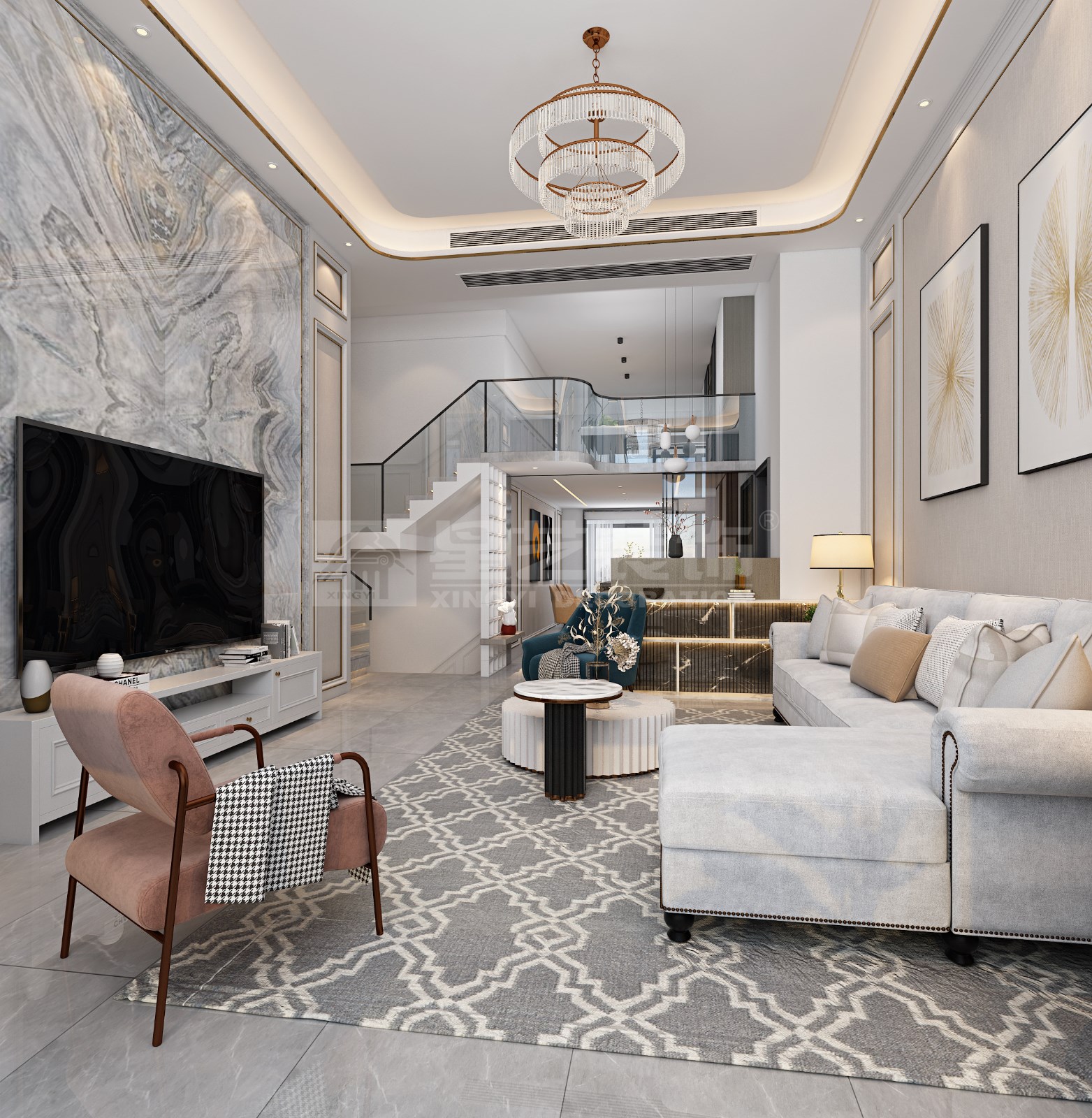 安吉山語(yǔ)城156平復(fù)式客廳裝修效果圖