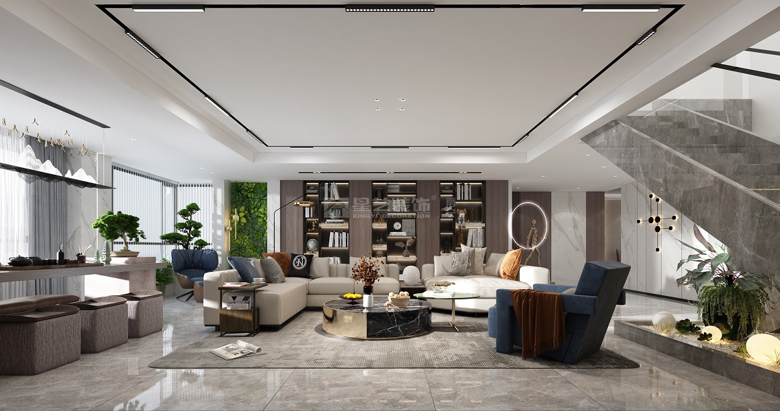 大自然花園340平現(xiàn)代輕奢客廳裝修效果圖