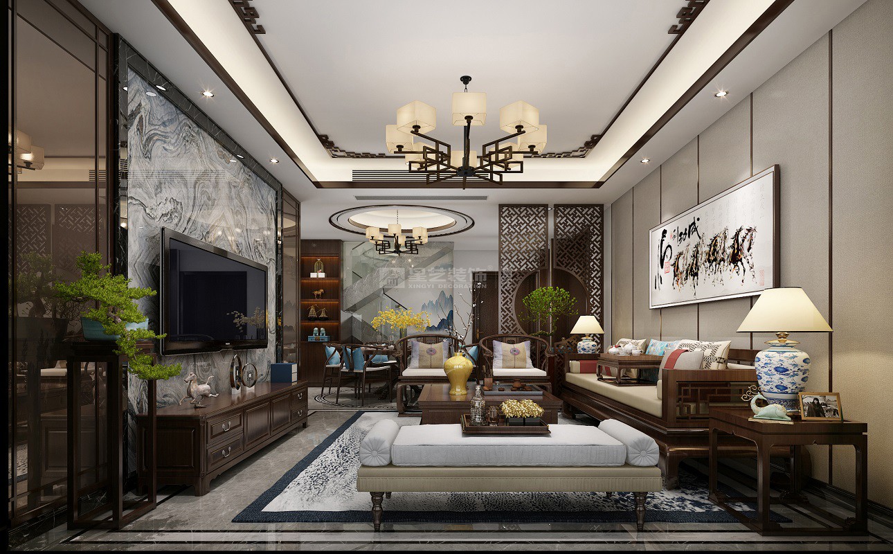 萬達茂153平新中式客廳裝修效果圖