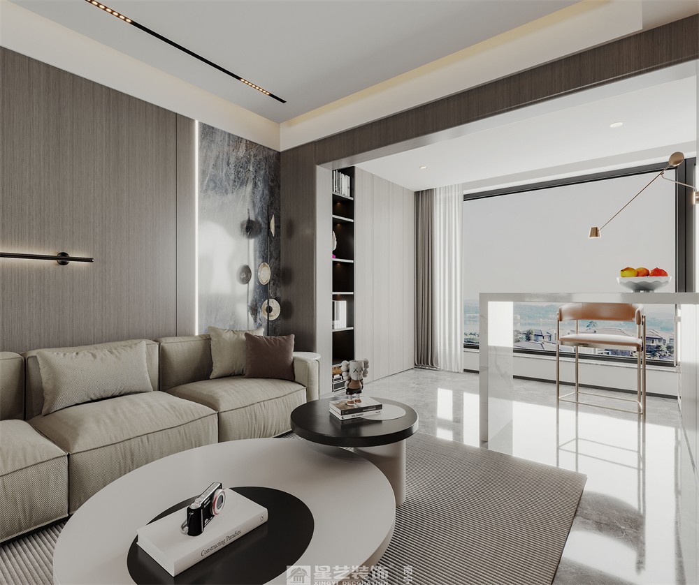 美的悅江府132平現(xiàn)代簡約客廳裝修效果