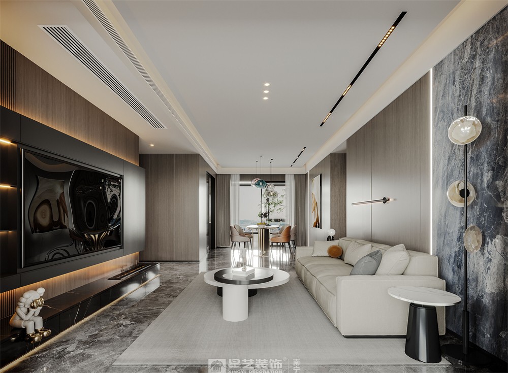 美的悅江府132平現(xiàn)代簡約客廳裝修效果