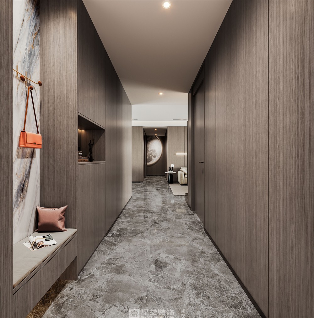 美的悅江府132平現(xiàn)代簡約入戶裝修效果