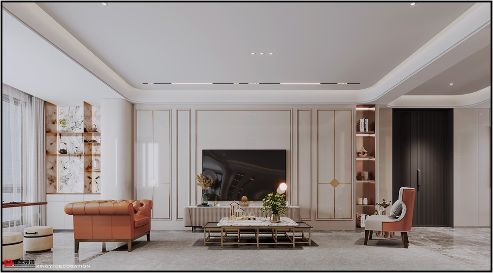 美泉1612現代輕奢230平電視背景墻裝修效果圖