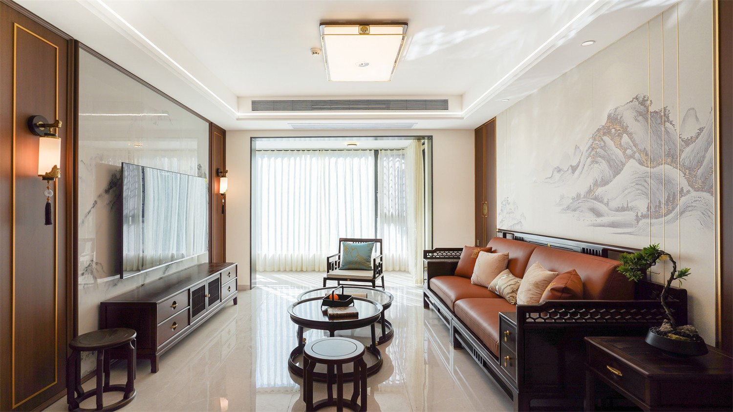 威寧青運村116平新中式客廳裝修完工實景圖